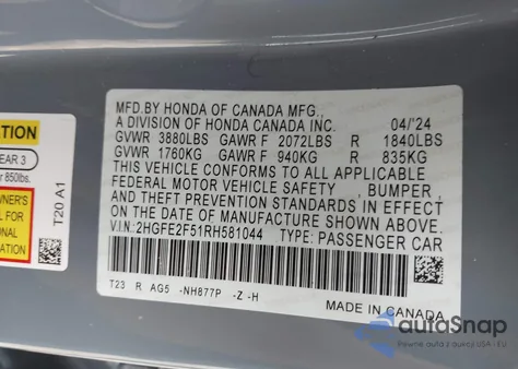 2024 Honda Civic Sport z USA, uszkodzony, nr VIN 2HGFE2F51RH581044